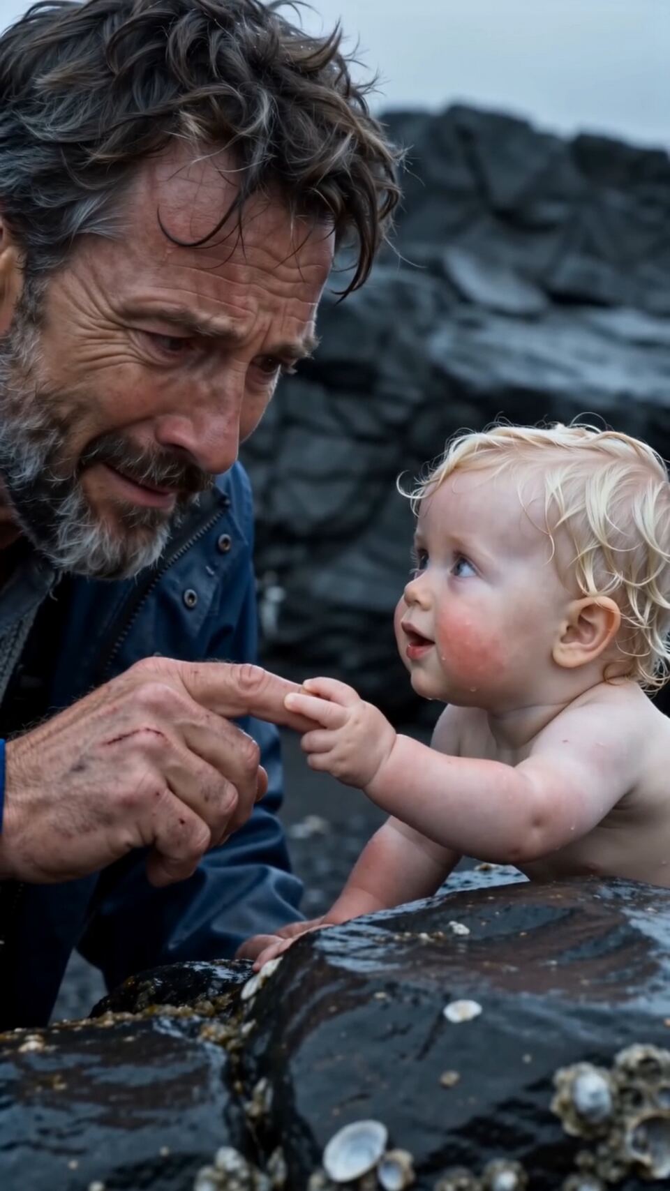 The Fisherman and the Baby by the Rocks